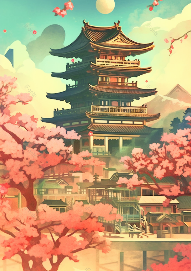 中国风建筑下桃花盛开古典插画,插画/手绘图,插画/手绘图库,插画/手绘图下载,插画/手绘